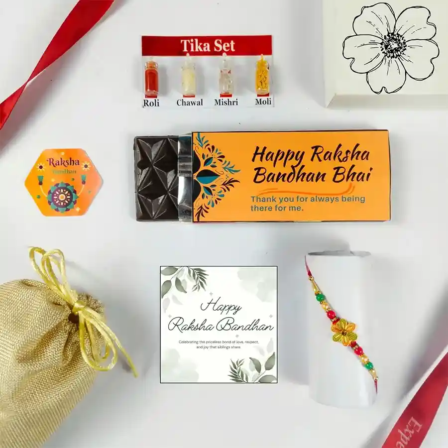 Beautiful Rakhi & Chocolate Gift featuring a Rakhi, chocolate bar, greeting card, Tika set, and jute potli for Raksha Bandhan.