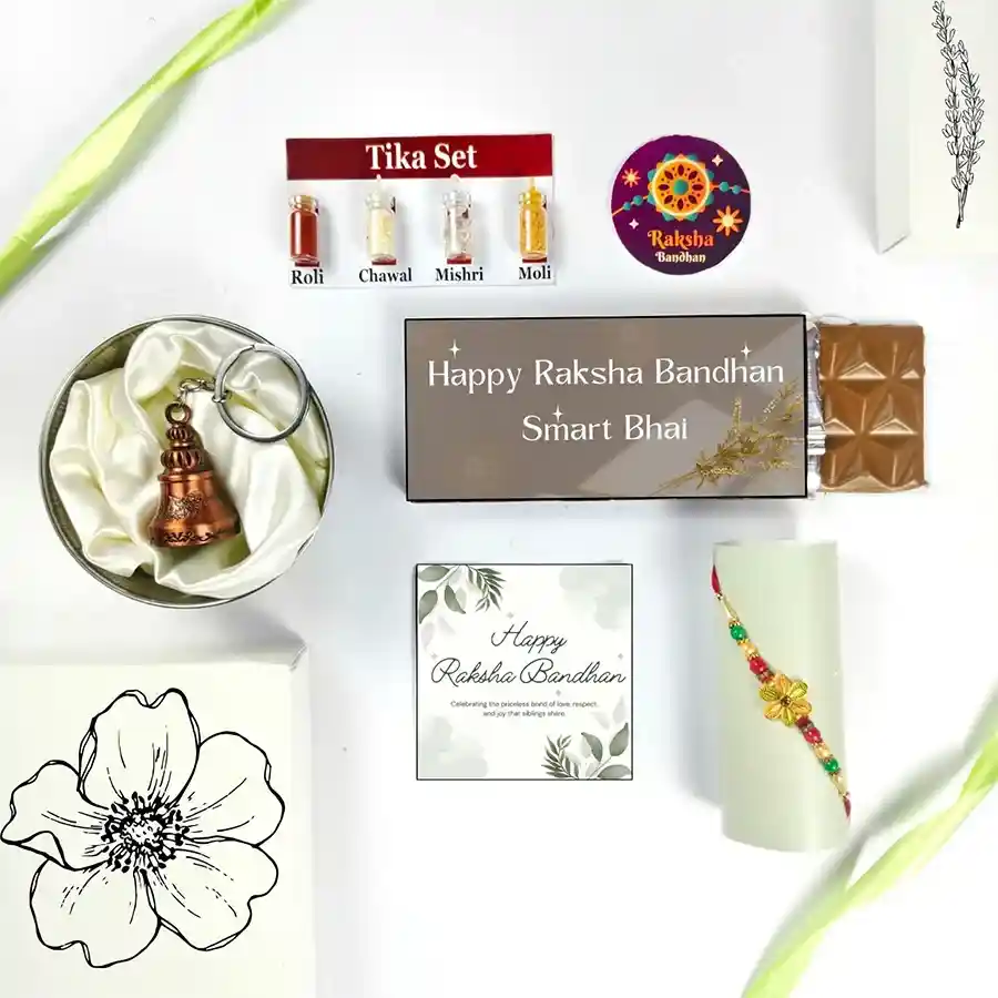 Stunning Smart Bhai Rakhi Gift Set featuring chocolate, guardian bell, greeting card, and tika set.