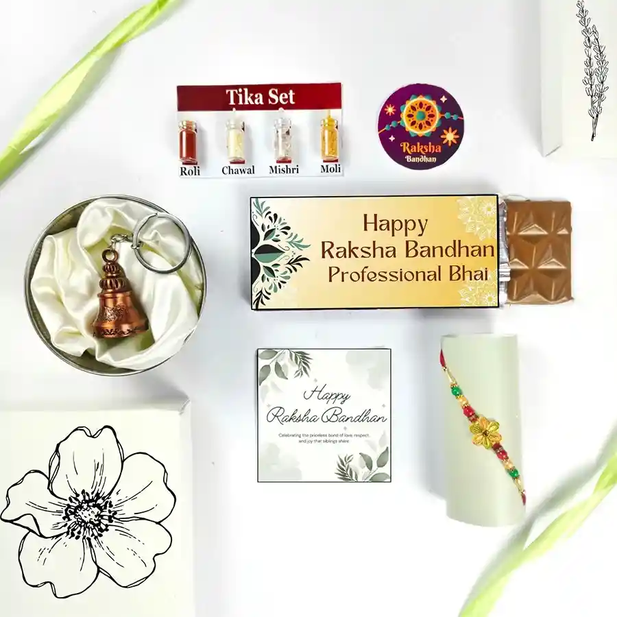 Bhai Rakhi celebration gift set featuring a Rakhi, chocolate bar, guardian bell, greeting card, and Tika set for Raksha Bandhan.