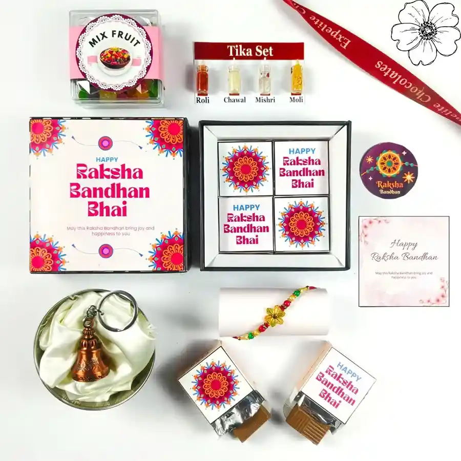 Cherished Moments Rakhi Gift Set with chocolates, fruits, and festive items for celebrating sibling love.