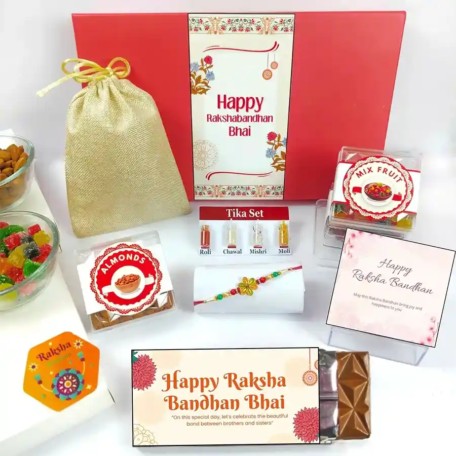 Heartfelt Rakhi Celebration Bundle featuring a jute potli with sweets and a Rakhi, perfect for Raksha Bandhan.