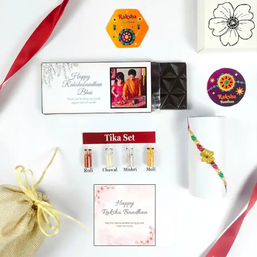 Sweet Rakhi Chocolate Gift Set for Brother featuring chocolate, Tika set, and greeting card.