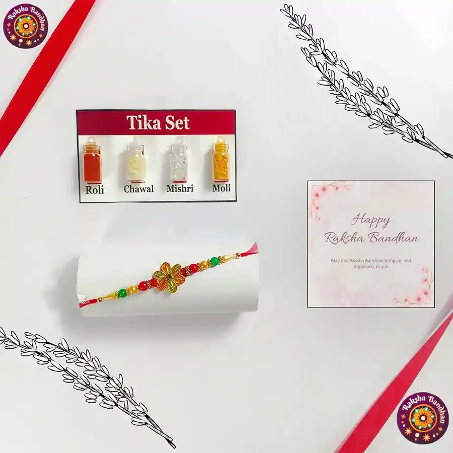 Heartfelt Raksha Bandhan Celebration Kit with Rakhi, ritual items, and a greeting card.