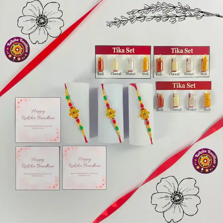 Timeless Rakhi Celebration Trio featuring 3 Rakhis, Roli, Chawal, Tika sets, and greeting cards for Raksha Bandhan.