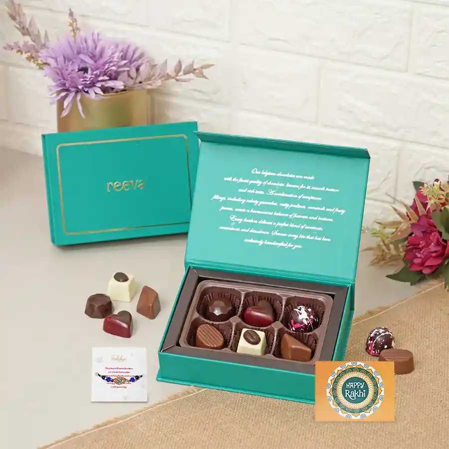 A charming gift box featuring an Evil Eye Rakhi and six assorted gourmet chocolates.