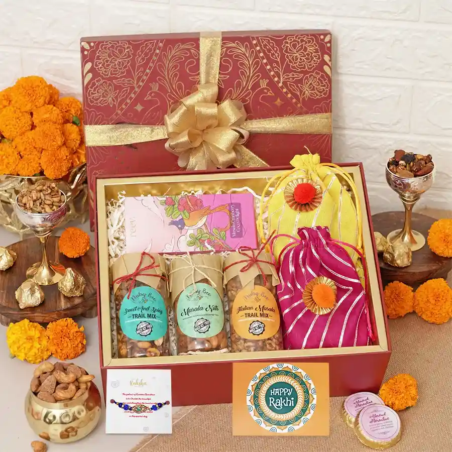 Crunchy Rakhi Delight Combo with assorted snacks and a Rakhi.