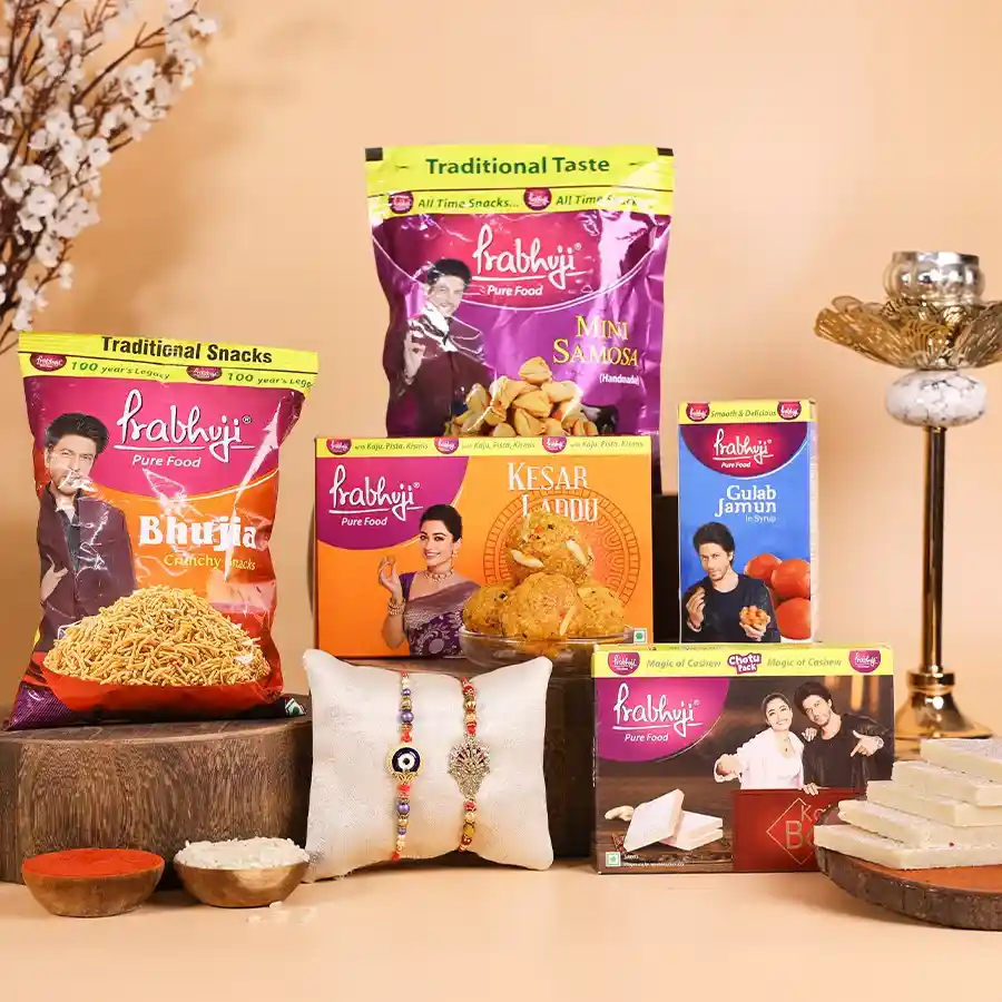 Raksha Bandhan Sweet Harmony Set with Rakhis and Haldiram snacks.