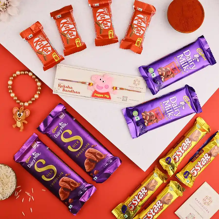 Sweet Sibling Rakhi Celebration Box with chocolates and Rakhis for Raksha Bandhan.