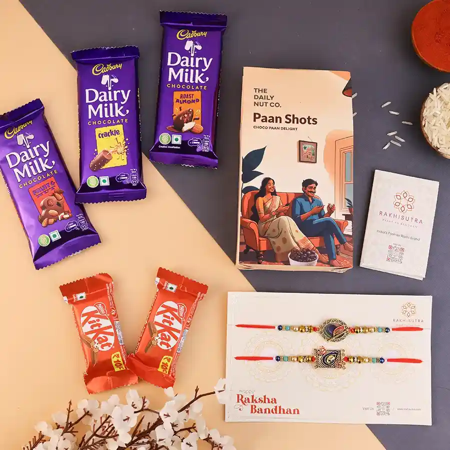 Chocolates & Paan Rakhi Bliss Combo featuring rakhis, assorted chocolates, and a Paan Shot, beautifully packaged in a reusable box.