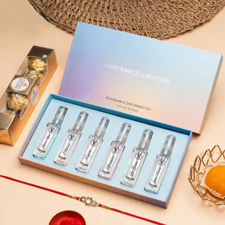 Rakhi & Premium EDP Gift Collection featuring six 8ml premium perfumes and a decorative Rakhi for Raksha Bandhan.