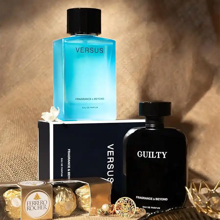 Elegant Rakhi & Perfume Gift Pair featuring Versus N Guilty Perfume Set and a Rakhi for Raksha Bandhan.