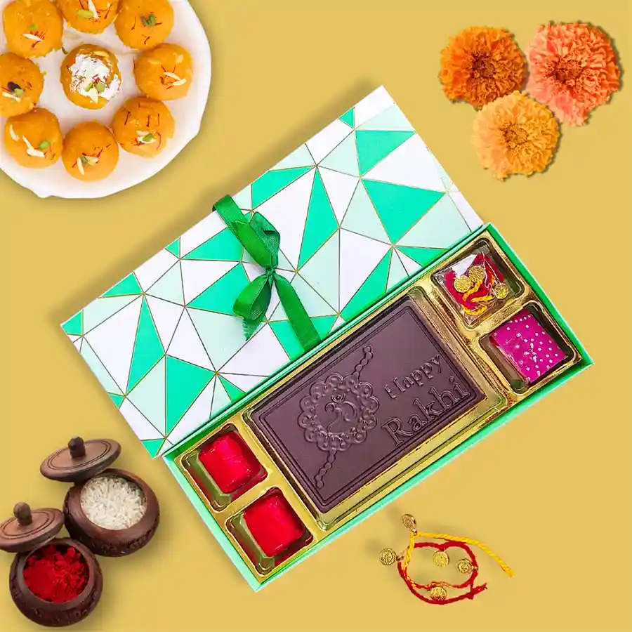 Rakhi Indulgence: Blissful Moments Together box with chocolates and Roli Chawal Pack.