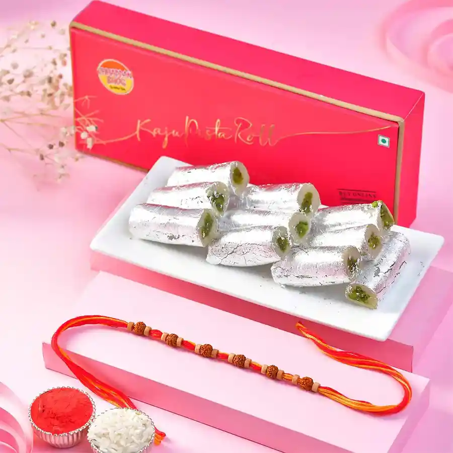 Om Rudraksh Rakhi Gift Set featuring an elegant Rakhi, Chappan Bhog Chocobites, and a Roli Chawal Card for festive celebrations.