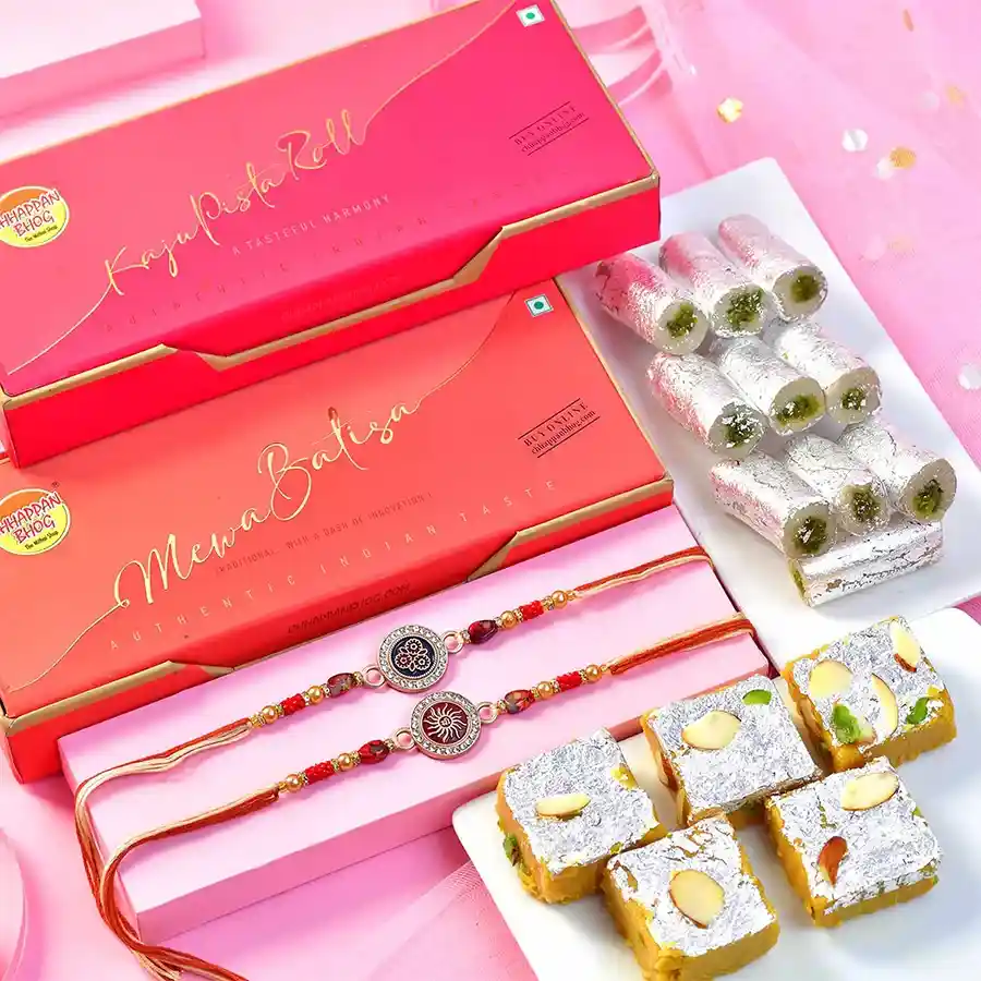 Timeless Rakhi & Sweet Ensemble with antique dials and Chappan Bhog sweets in a transparent gift bag.