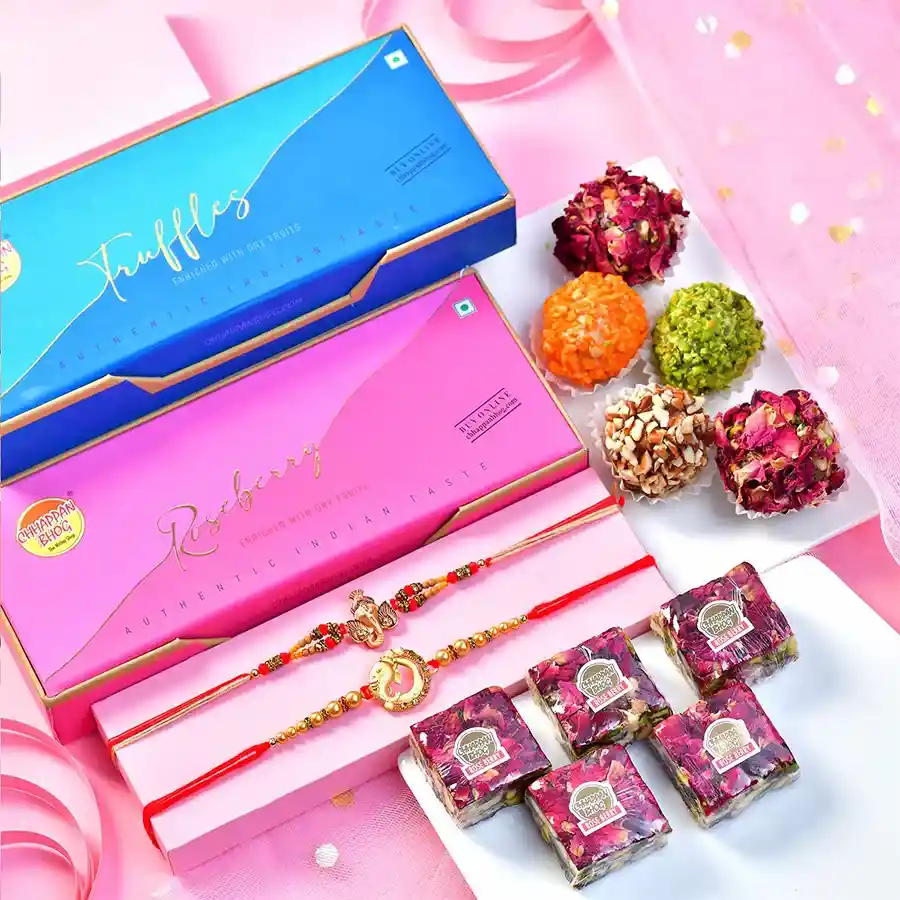 Rakhi Treats & Truffles Set with Rakhis and sweets in a transparent gift bag.