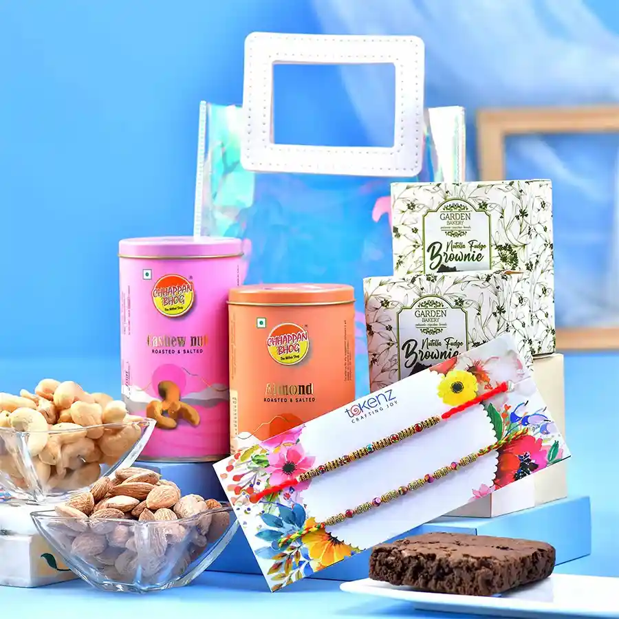Premium Rakhi Treats Gift Pack with rakhis, cashews, almonds, and brownies.