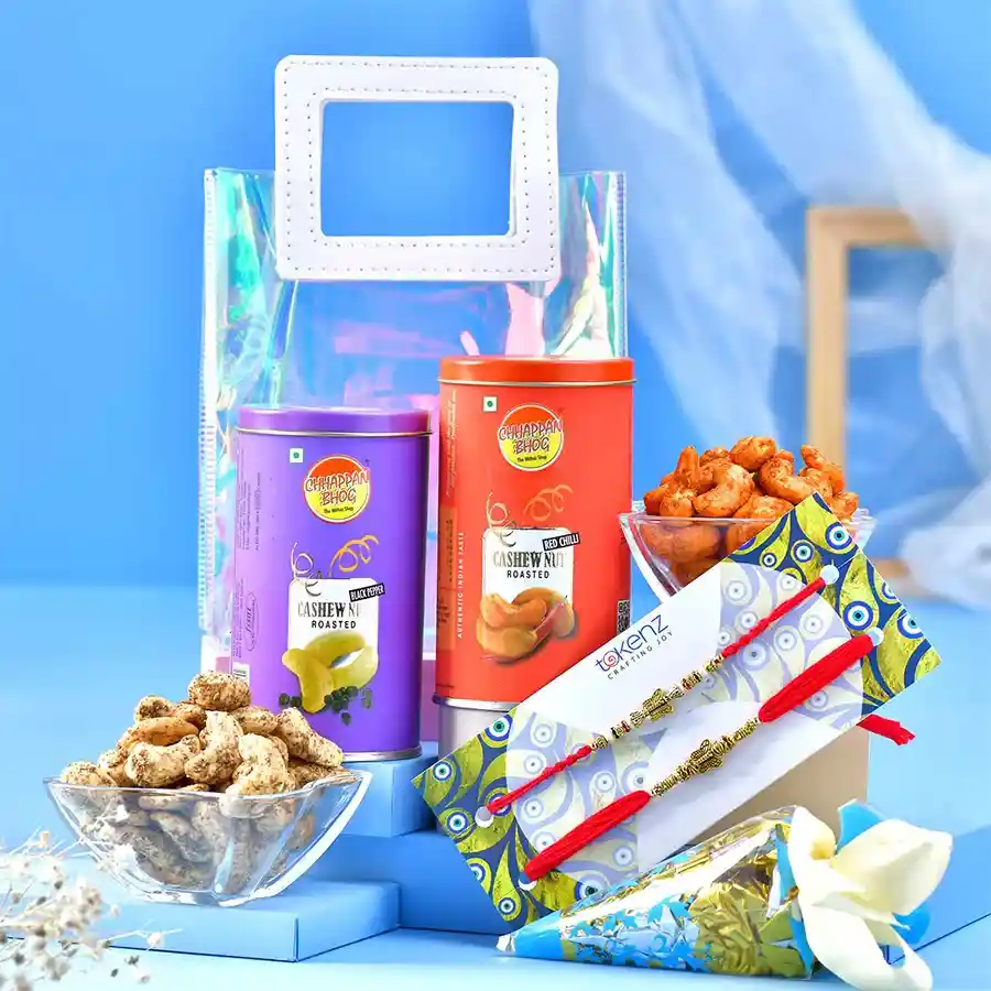 Butterfly Bliss Rakhi Gift Set with rakhis, cashews, toffees, and gift bag.