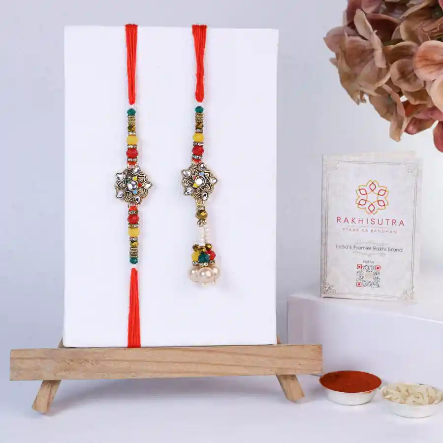 Regal Kundan Rakhi Set with Roli Tika and Message Card