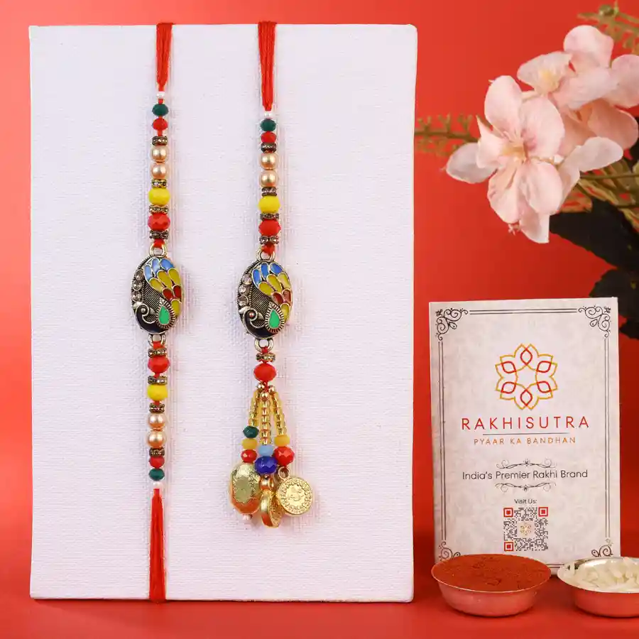 Premium Rakhi Set featuring Roli Tika and a message card.