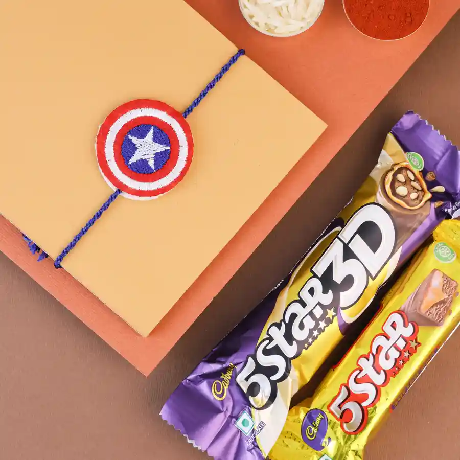 Captain America-themed Rakhi gift box with chocolates