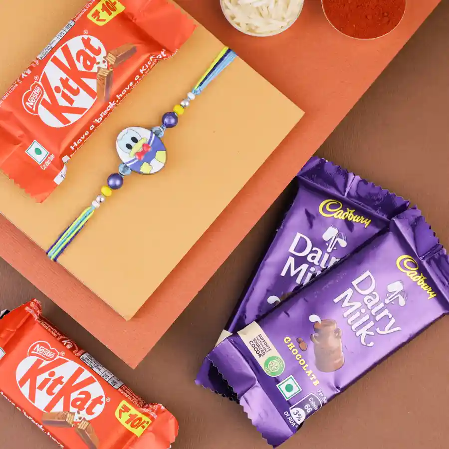 Playful Rakhi gift set with Donald Duck and chocolates