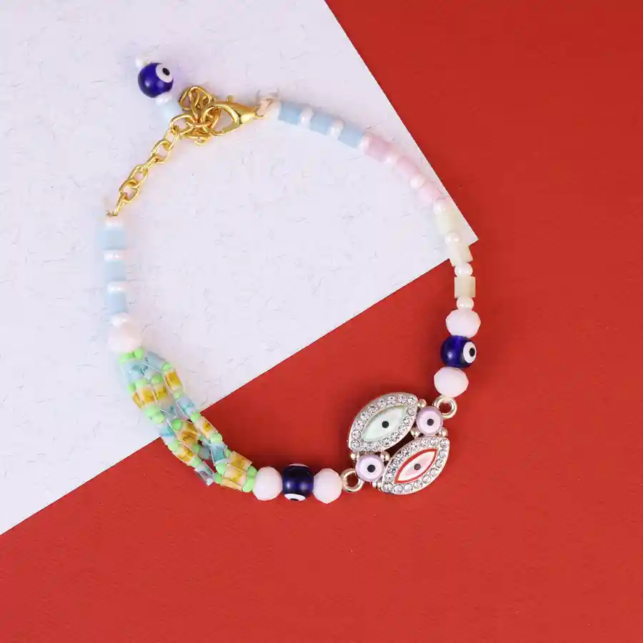 Charming Evil Eye Bracelet Rakhi with ritual gifts