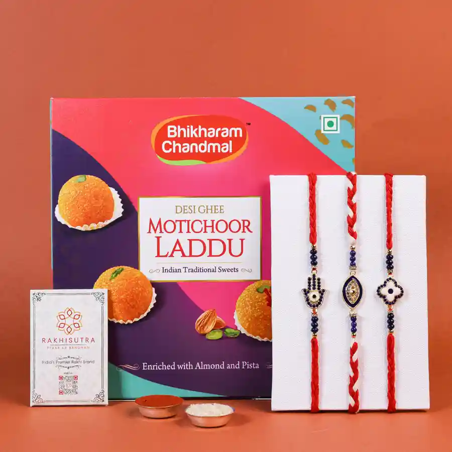 Evil Eye Rakhi gift with sweets and message card