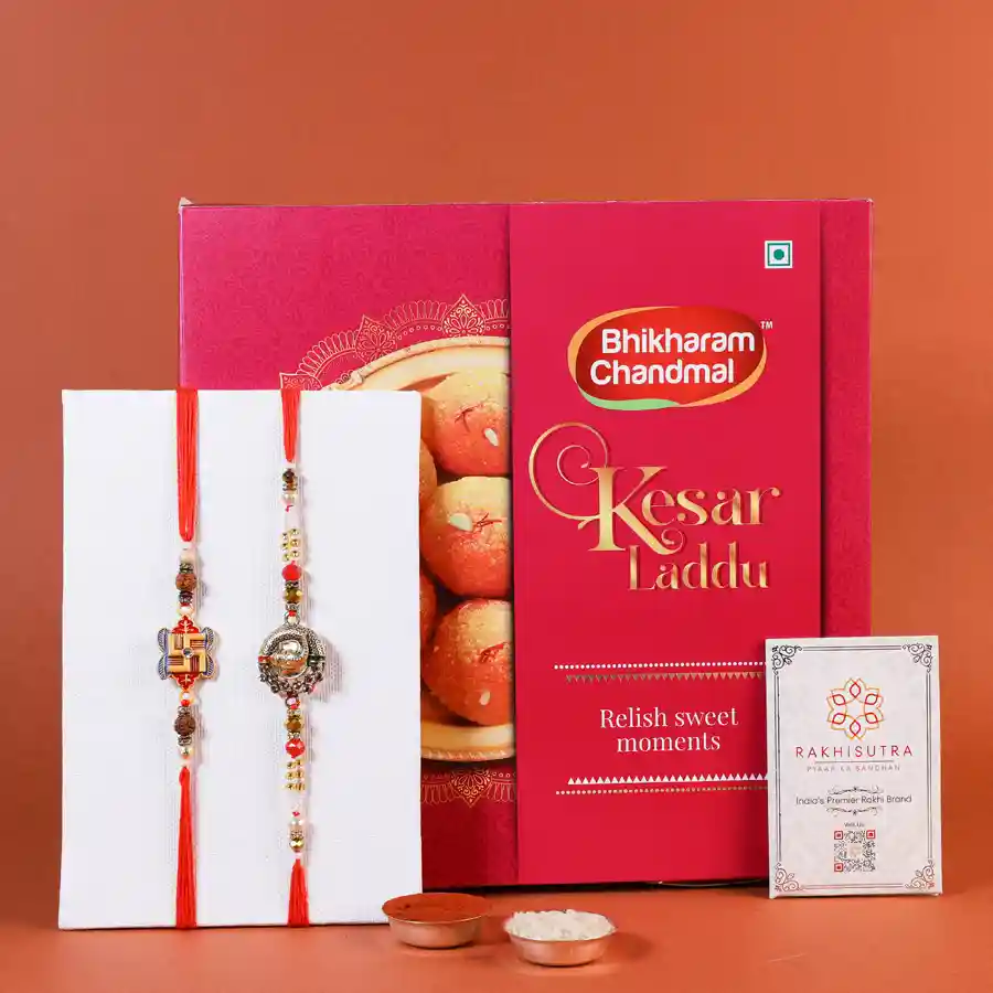 Beautiful Rakhi gift set featuring Kesar Laddu and ceremonial items