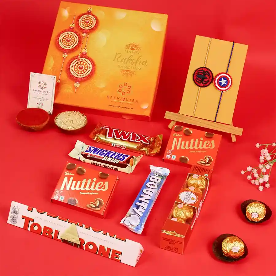 Playful Rakhi gift box with chocolates