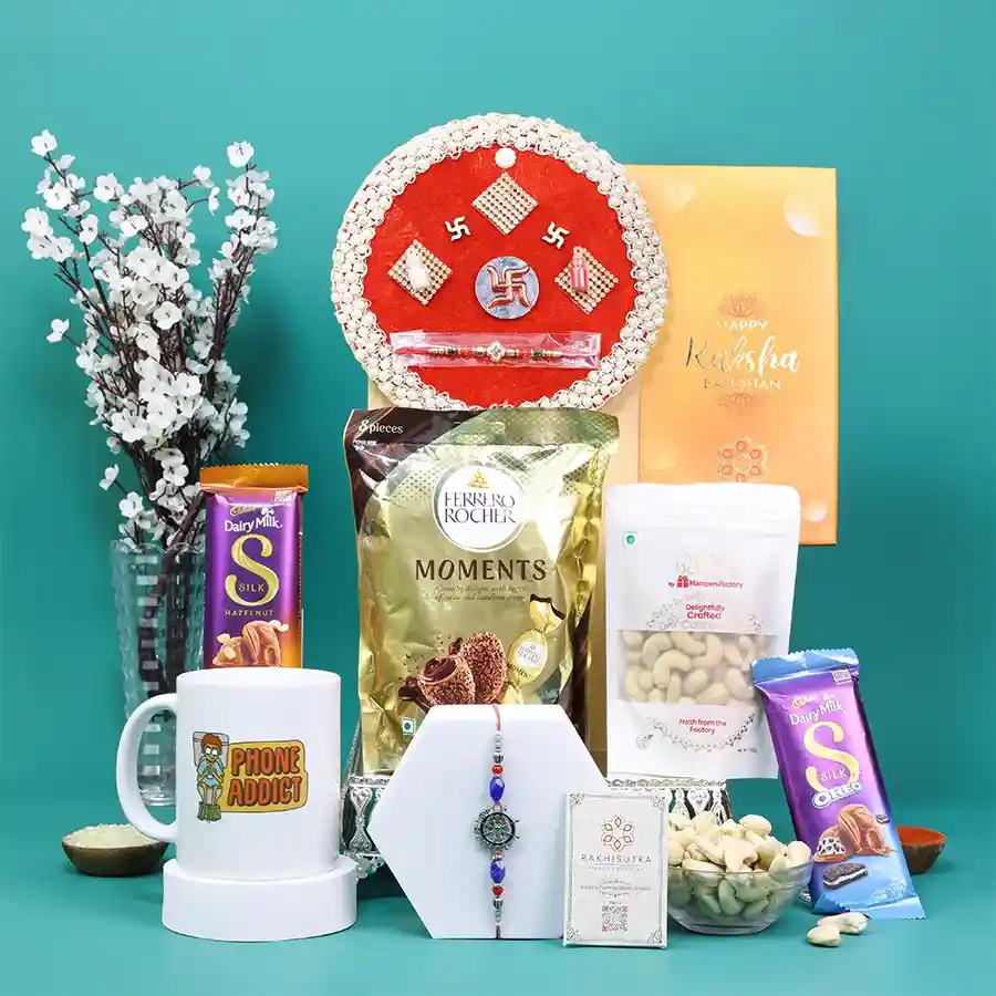 Colorful Rakhi gift box for brothers with chocolates and mug