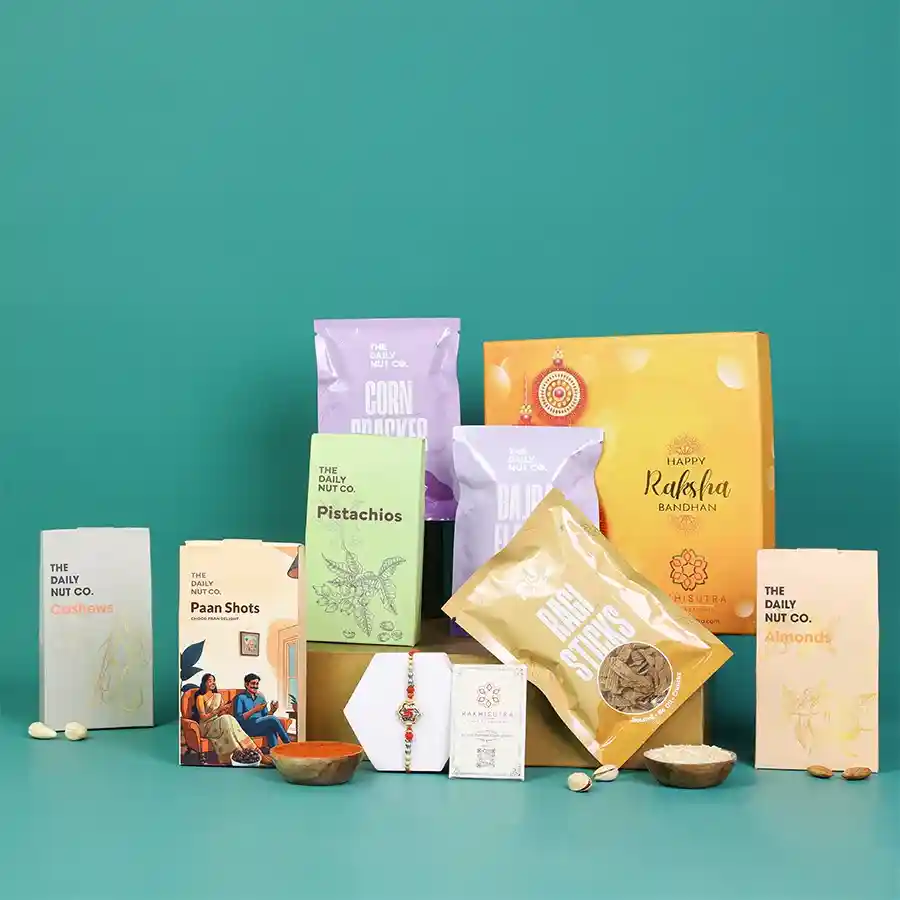 Swastik Rakhi with healthy snacks in a stylish gift box