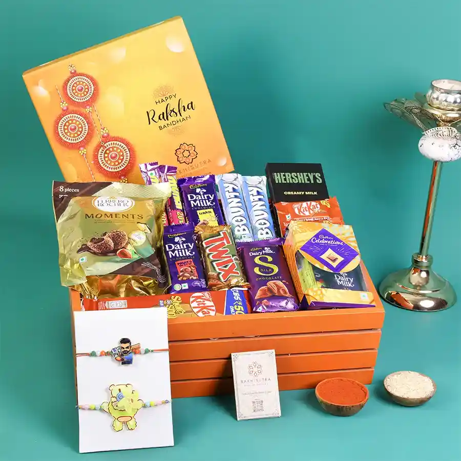 Rakhi gift set featuring Virat Rakhi and assorted chocolates.