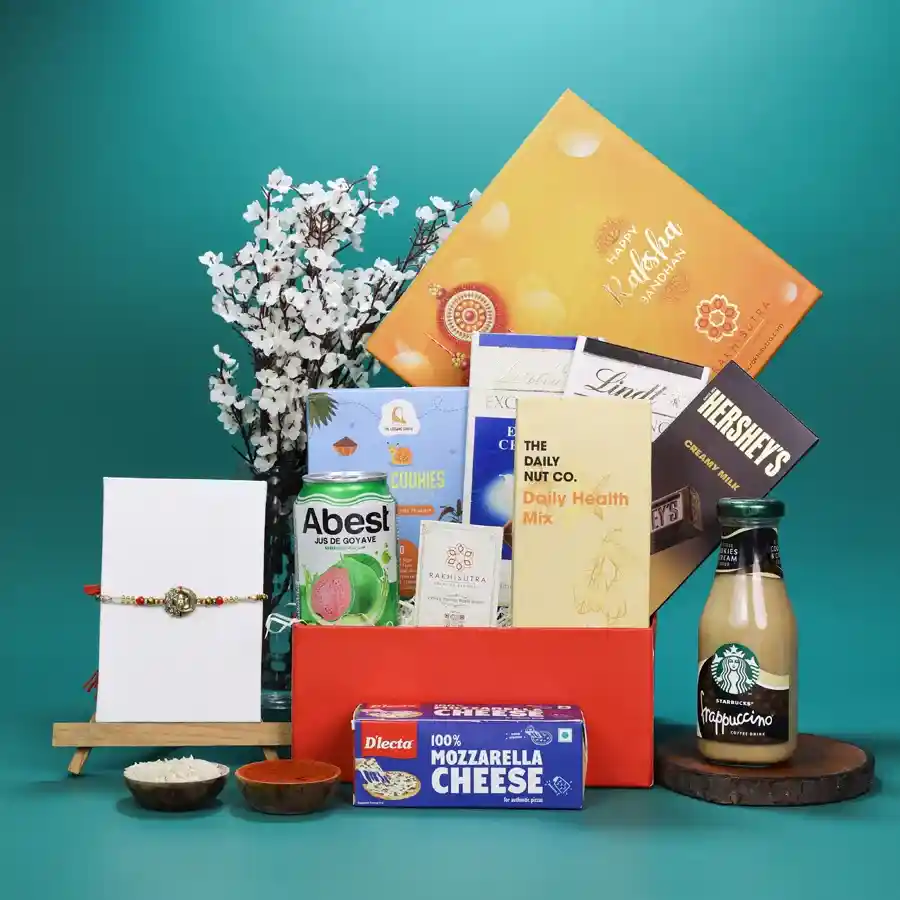 Prosperity Rakhi with chocolates and snacks in a reusable gift box