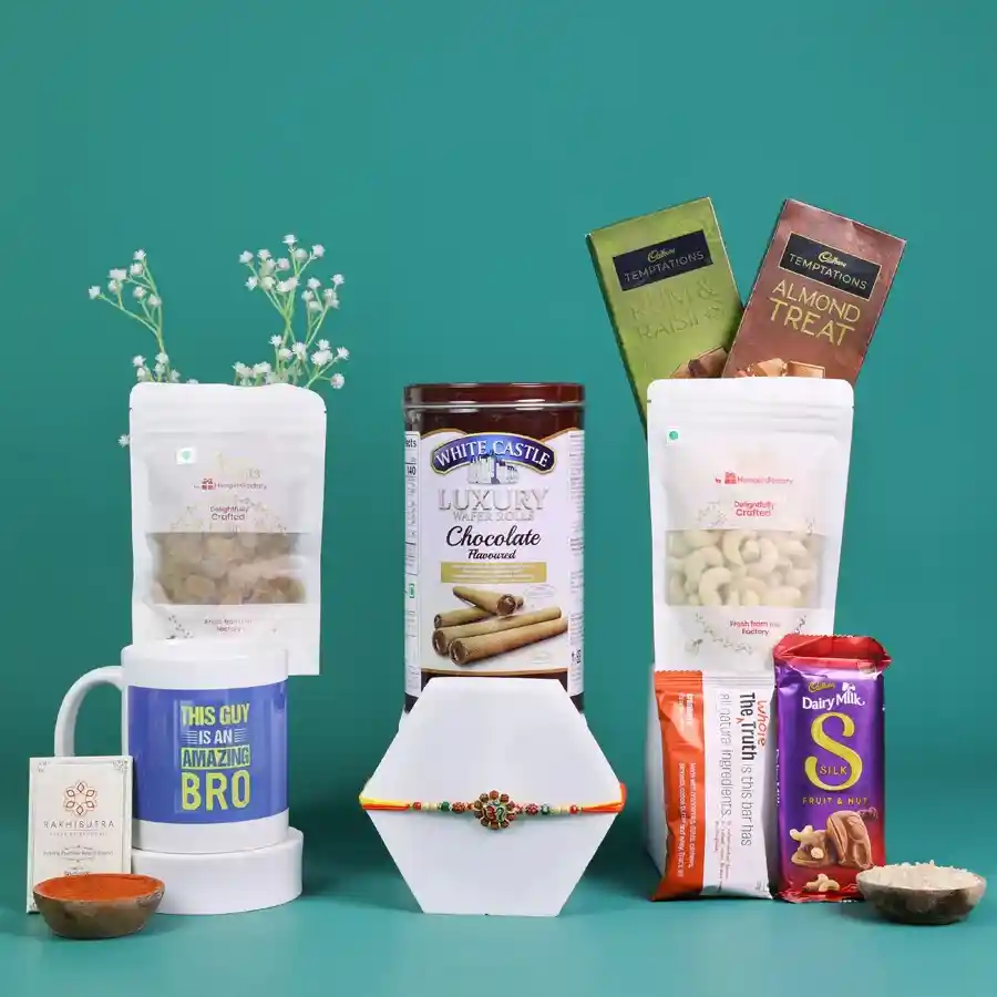 Gourmet Rakhi hamper including OM Rakhi, chocolates, and a mug