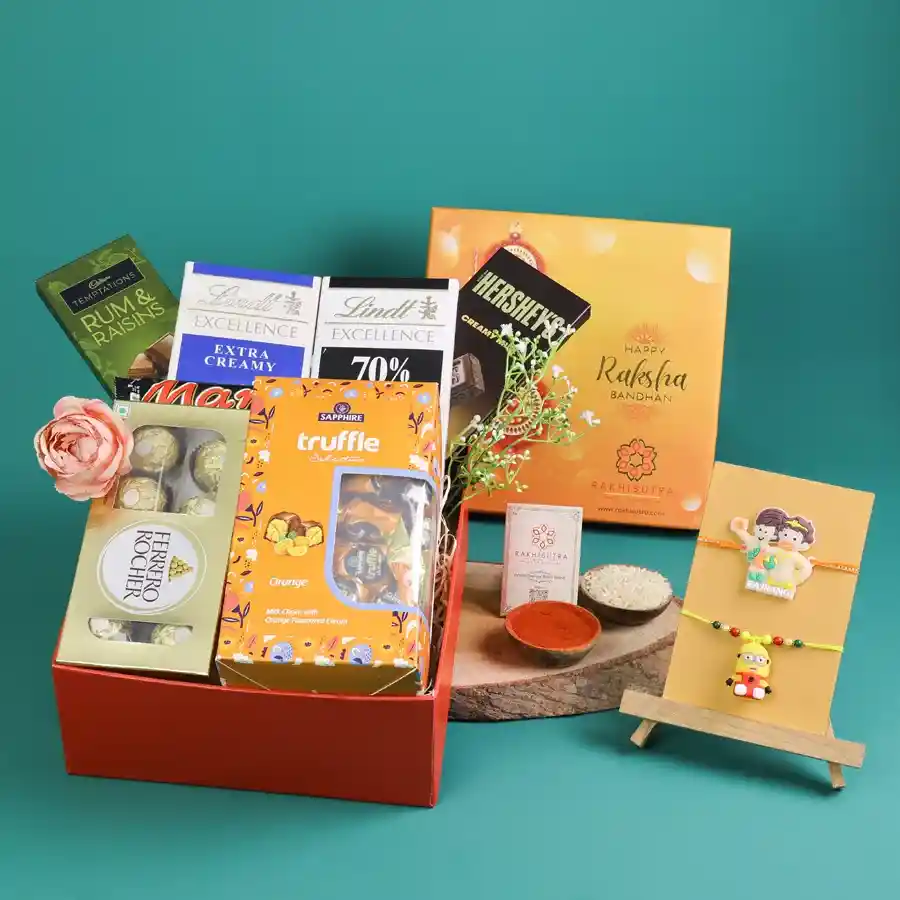 Cosmic Rakhi Chocolate Delight Hamper with chocolates and Rakhis