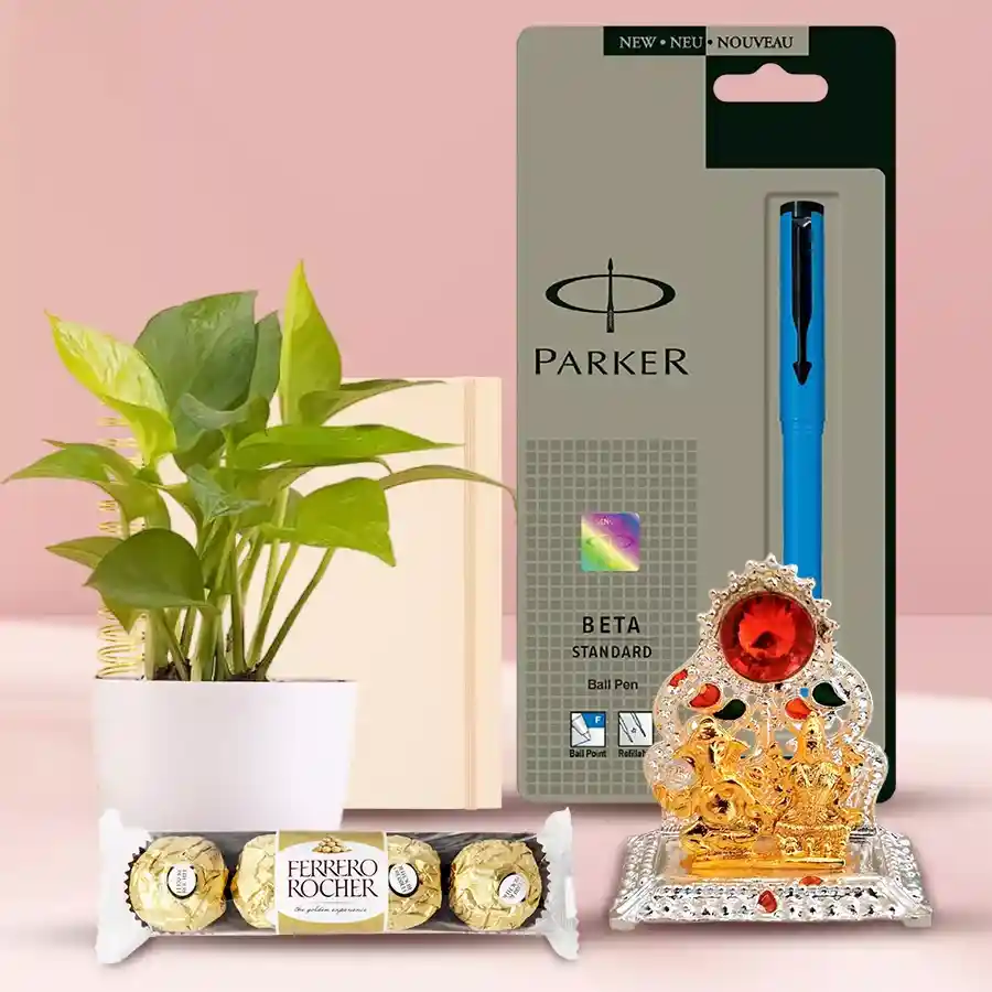 Exclusive Corporate Gift Hamper for Diwali featuring a Planner Diary, Parker Beta Pen, Ferrero Rocher chocolates, Money Plant, and Pious Ganesh Laxmi Antique Mandap.