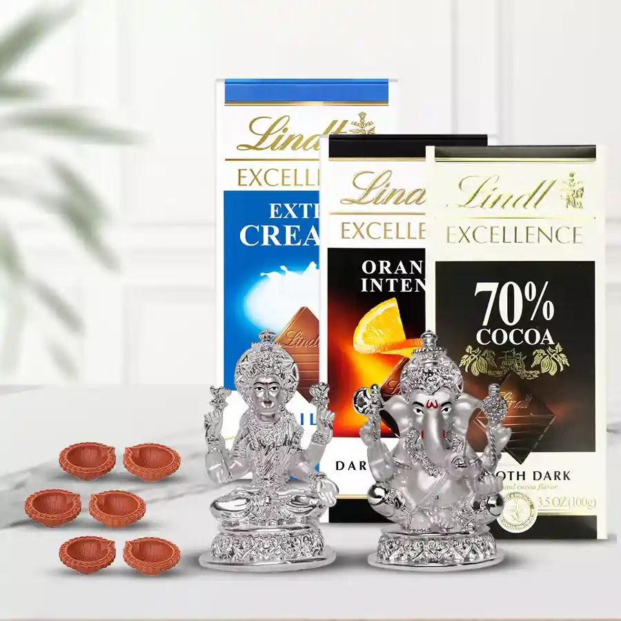 Imported Lindt Chocolates Trio with Laxmi Ganesh Silver Plated Idol and Free Diya for Diwali celebration