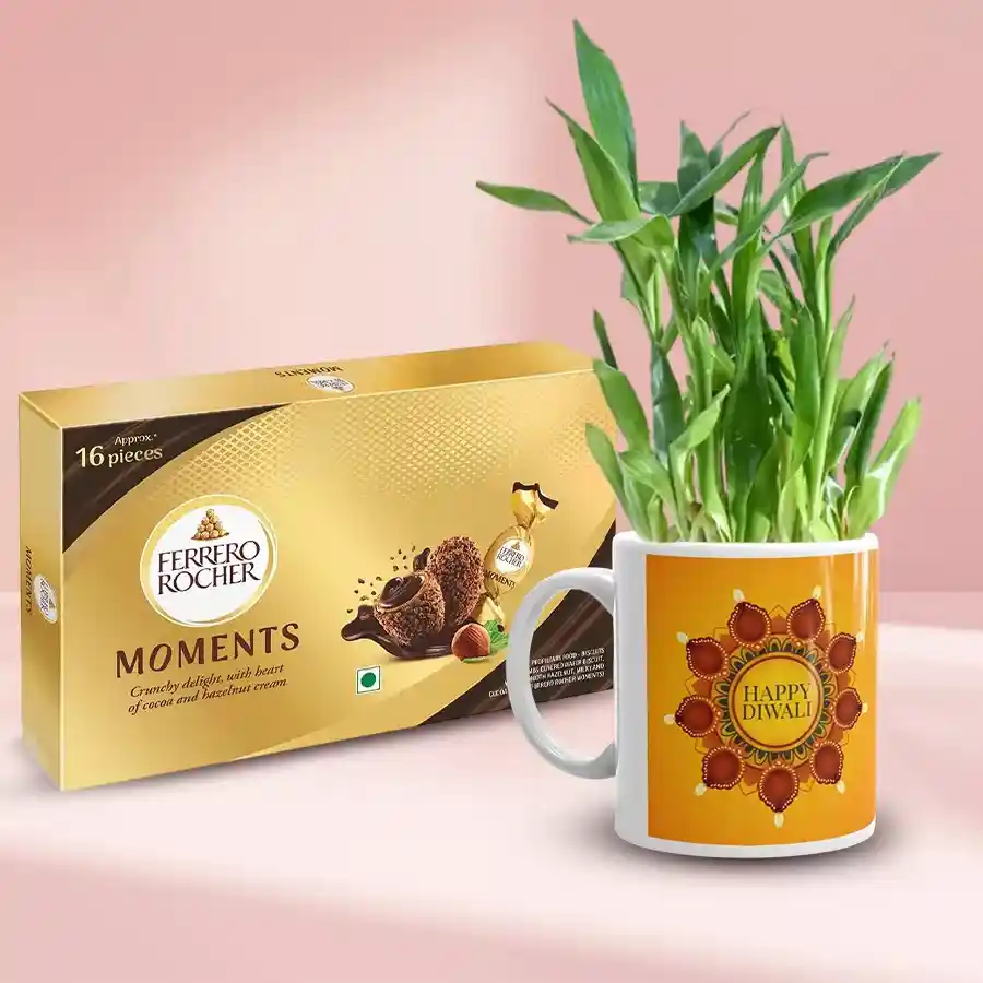 Delicious Ferrero Rocher chocolates, a personalized Diwali coffee mug, and a 2-tier Lucky Bamboo plant in a festive setting.
