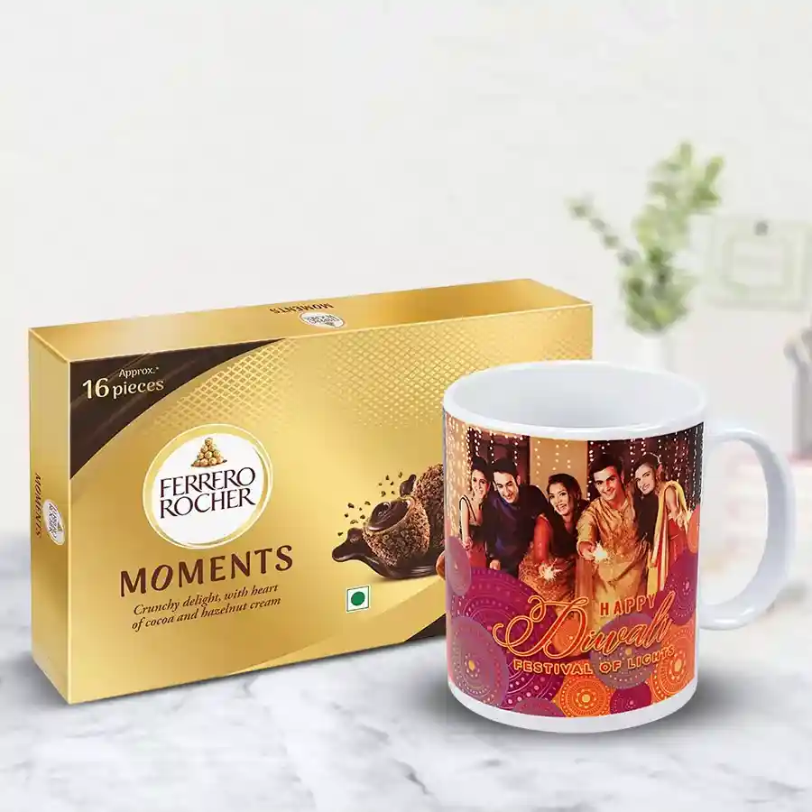 Personalized family photo mug with Ferrero Rocher chocolates on a festive Diwali background
