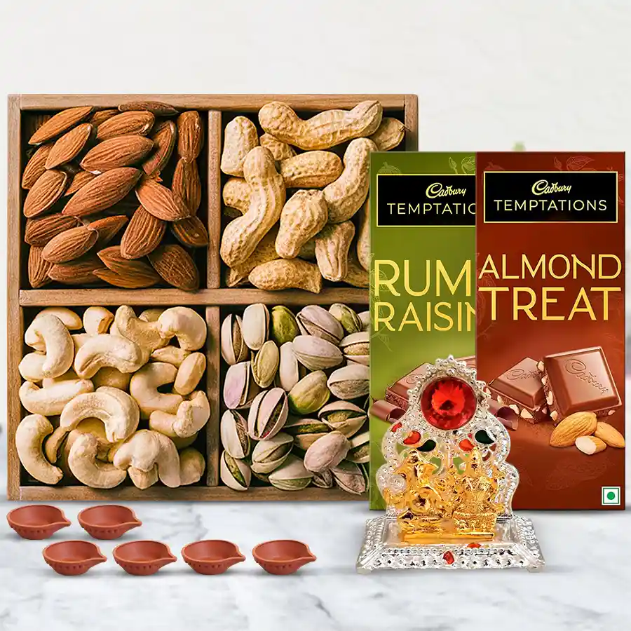 Exclusive Wooden Tray filled with premium salted dry fruits, Cadbury Temptation bars, a Ganesh Laxmi Mandap, and six decorative diyas for Diwali celebration.
