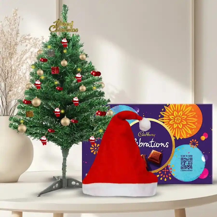 Exclusive Cadbury Temptations and Assortments Combo including chocolate pack, Santa Claus cap, and mini Christmas tree