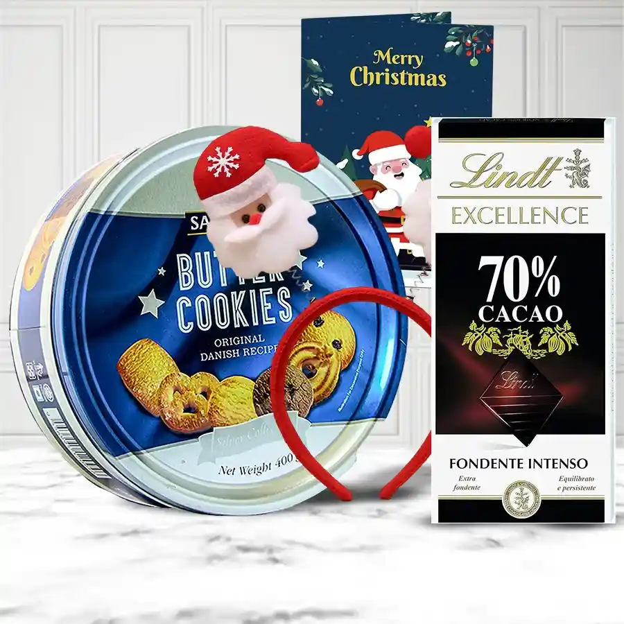 Marvelous Christmas Chocos n Cookies Combo featuring Lindt 70% Dark Cocoa, Sapphire Chocochips Cookies, a Santa Claus cap, an LED hairband, and a Christmas greetings card.