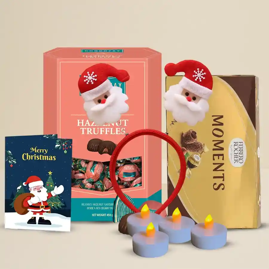 Wonderful Chocos n Tea Lights Combo featuring Ferrero Rocher Moment Chocolates, Chocozay Hazelnut Truffles, LED tea light candles, a fancy Xmas LED hairband, and a Christmas greetings card