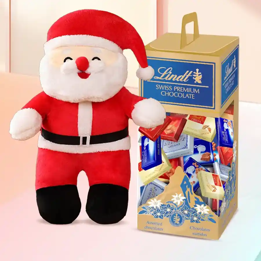 Wonderful Lindt Swiss Chocos in a festive box alongside a 9-inch Santa Claus soft toy