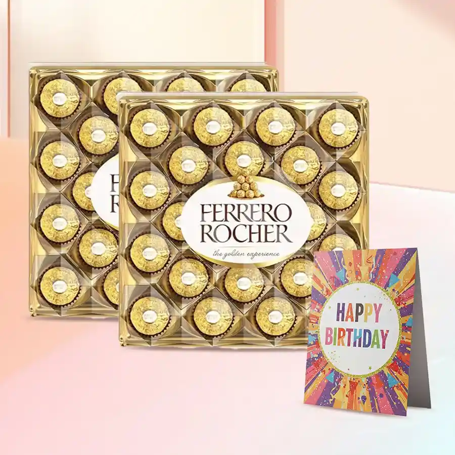 Ferrero Rocher chocolate box with 48 chocolates and a birthday card displayed elegantly