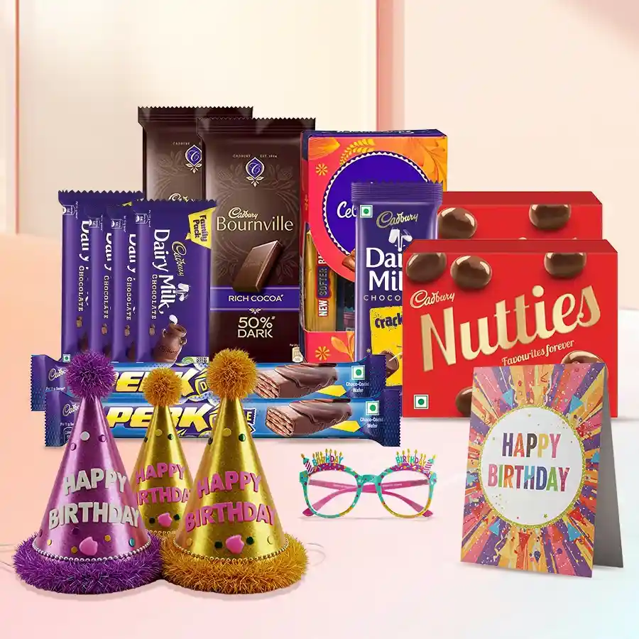 Delectable Chocolates Gift Hamper featuring Cadbury favorites and birthday party accessories