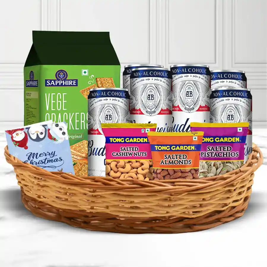 Exclusive Non-Alcoholic Drinks and Nut Gift Basket with salted cashews, almonds, pistachios, Sapphire Veg Crackers, and six refreshing beverages, elegantly presented with a Christmas greeting card.