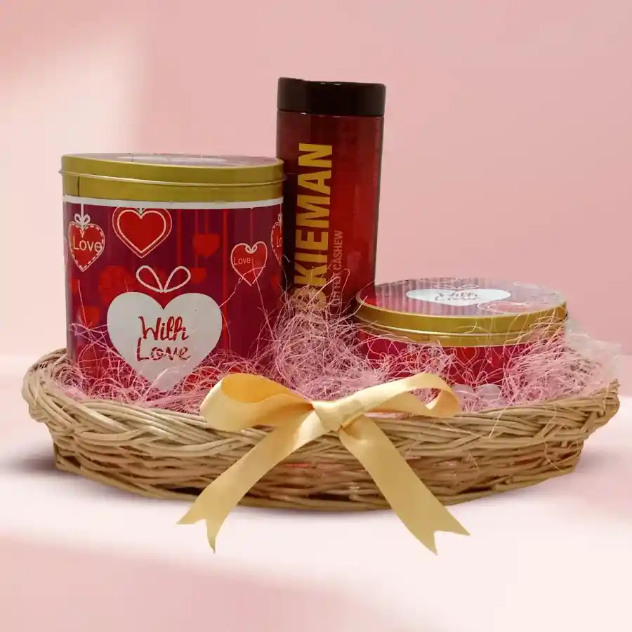 Exclusive basket filled with cookies and chocolates, featuring Choco Chip Cookies, Seasam Cookies, and assorted handmade chocolates.