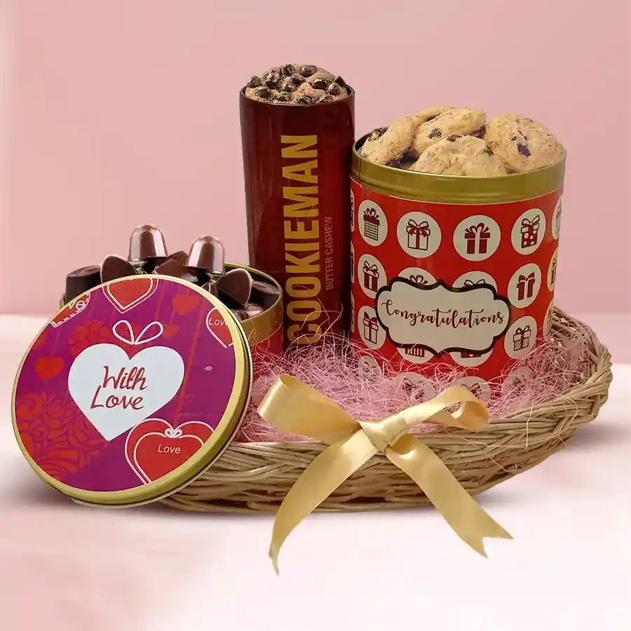 Mouth Watering Cookies Can featuring Cookie Man Fruits Cookies, classic Chocochip Cookies, and crunchy handmade chocolates