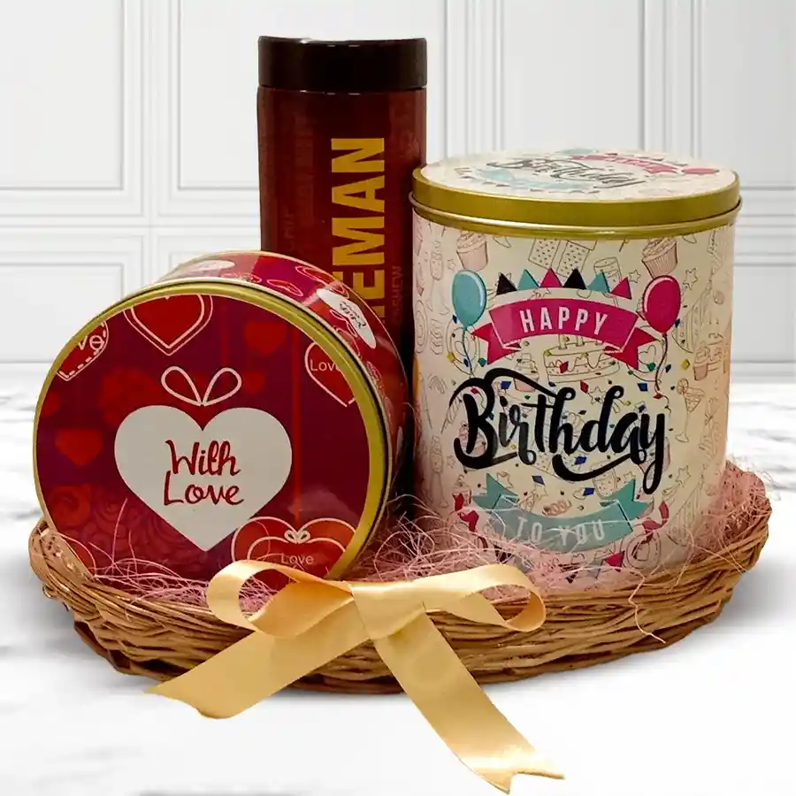 Delicious Chocos n Cookies Tin Box with assorted cookies and handmade chocolates in a decorative cane basket